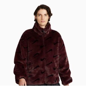 NWT $185 Nike Women's Sportswear​ Faux Fur Allover Print Jacket Burgundy Small